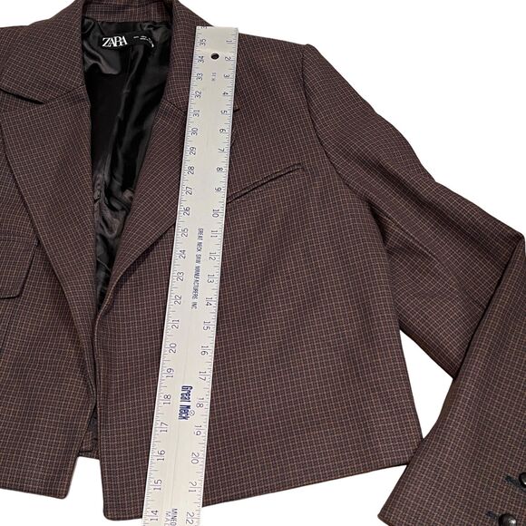 Zara Houndstooth Cropped Blazer L Brown Check Tailored Jacket Business - Picture 4 of 13